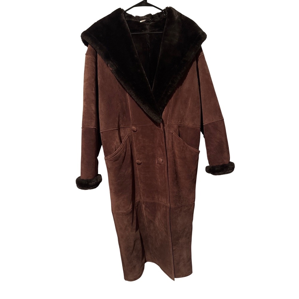 J. Gallery Penny Lane Suede Long Hooded Coat Faux Fur Lined Heavy Women's M